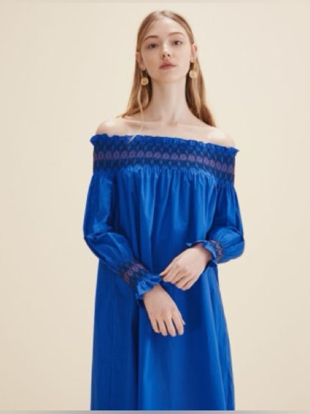 Maje blue Dat off shoulder cotton embroidered long sleeve dress size 1